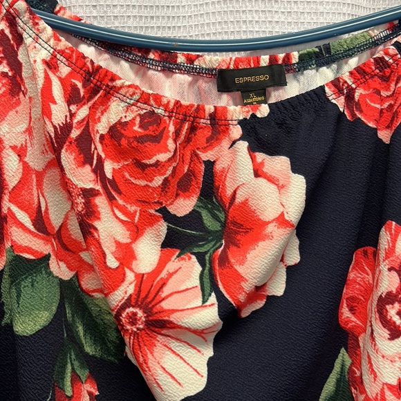 Espresso navy with pink floral bell sleeve pull over XL elastic neckline dress - Picture 3 of 11